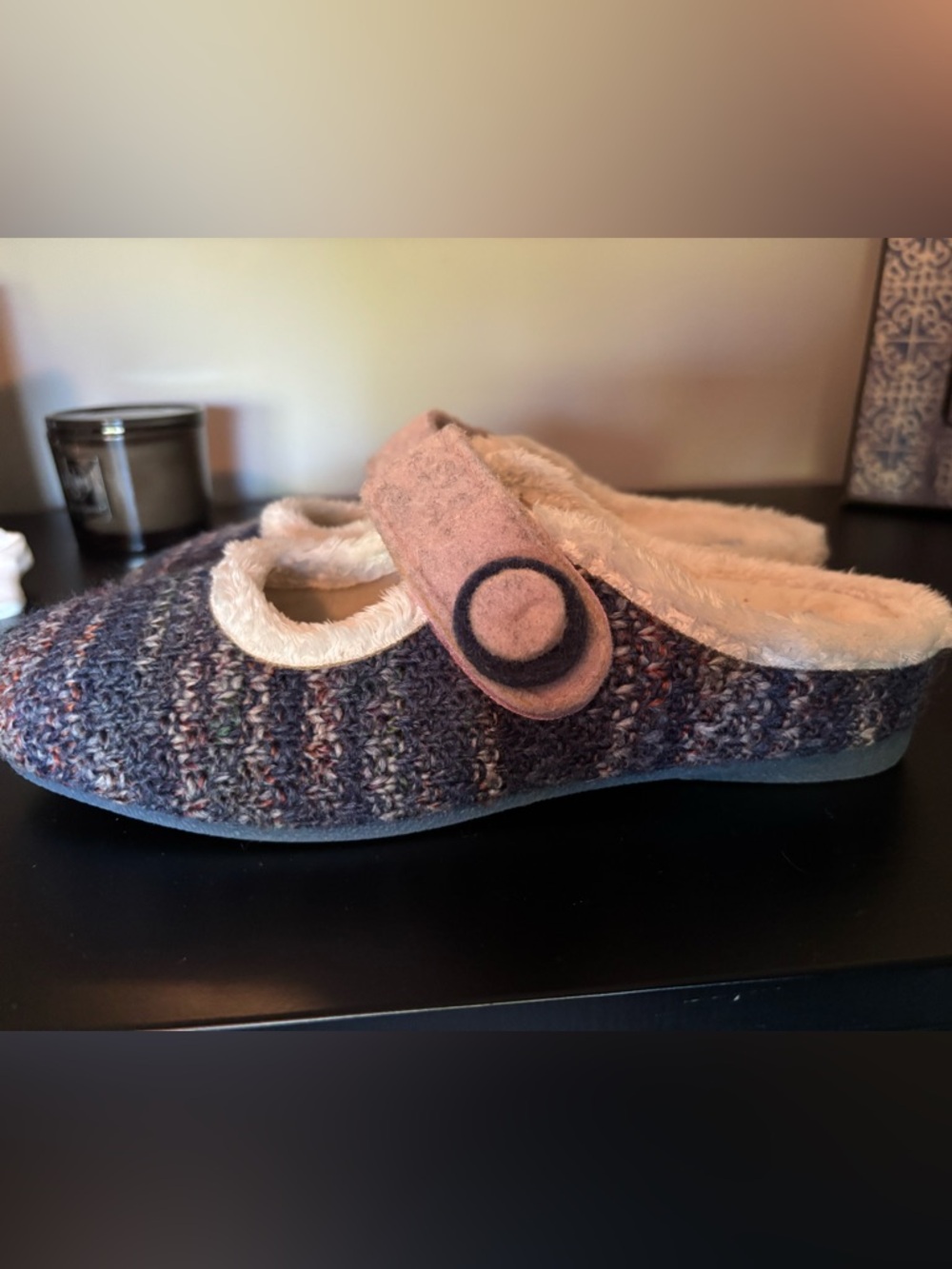 Sundance Pink Strap Knit Mary Jane Slippers with Cream Fleece Lining - Picture 2 of 3